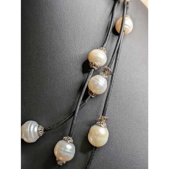 925 Sterling Three Strand Floating Genuine Freshwater Pearl Corded Necklace - Picture 5 of 10